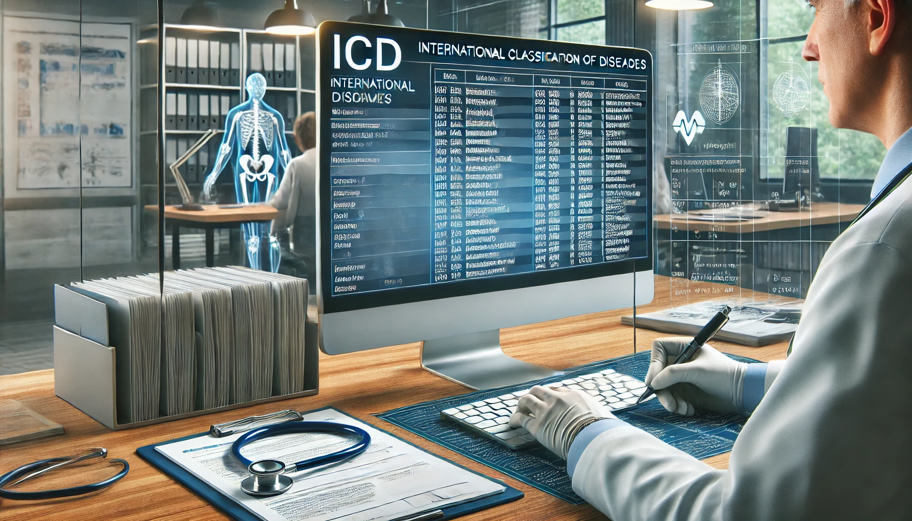a medical professional working with a computer, analyzing or referencing an ICD (International Classification of Diseases) system.