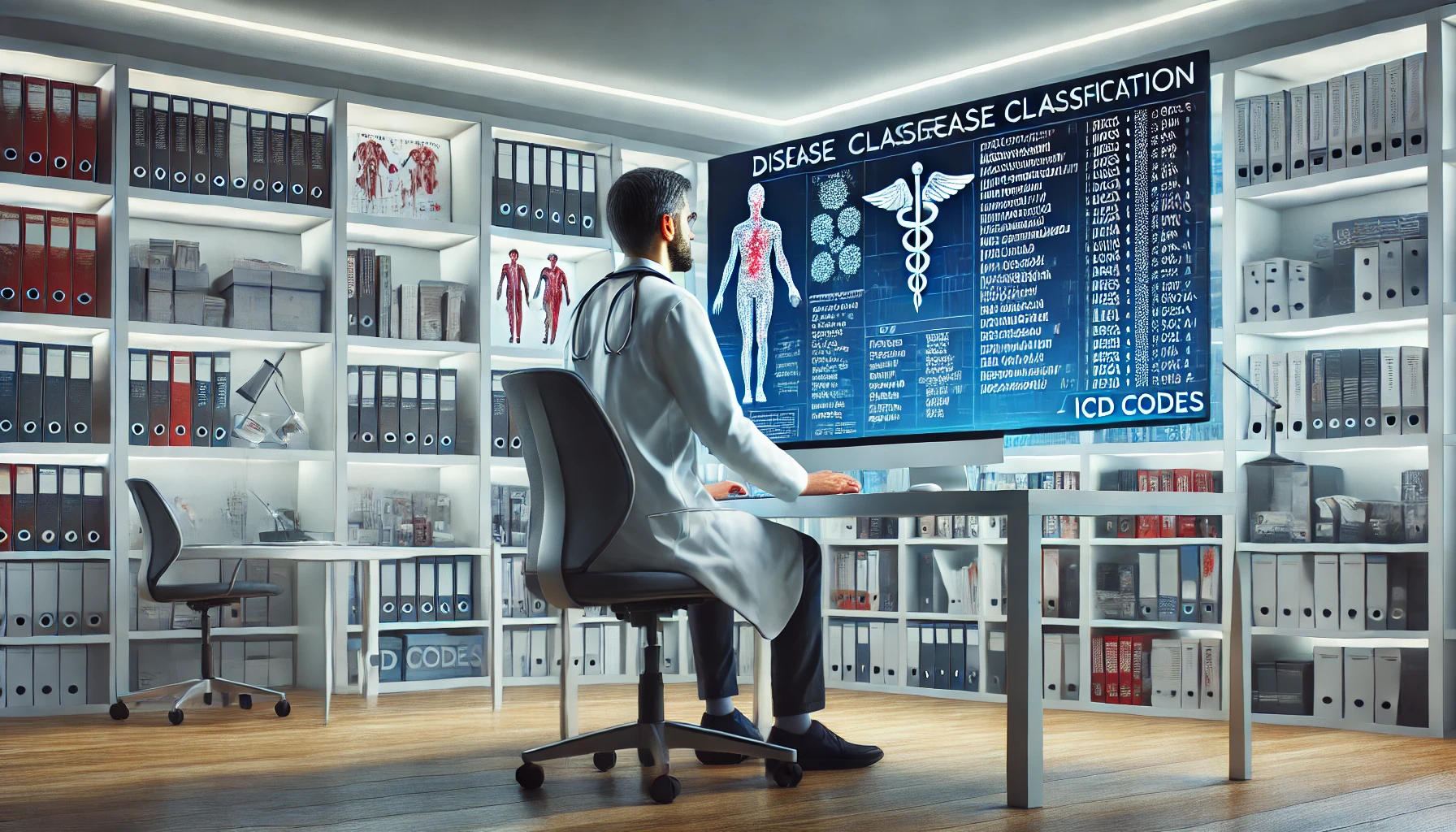 a modern medical office with a healthcare professional using a computer to review and classify disease data.