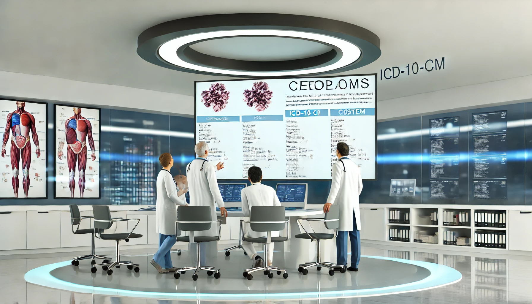 a modern medical office environment with healthcare professionals discussing the categorization of neoplasms (cancers) in the ICD-10-CM system