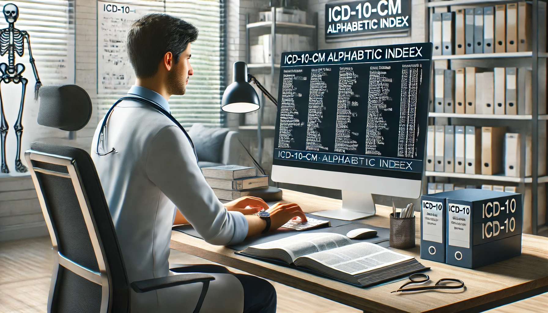 a healthcare professional, sitting at a desk, working with the ICD-10-CM Alphabetic Index.