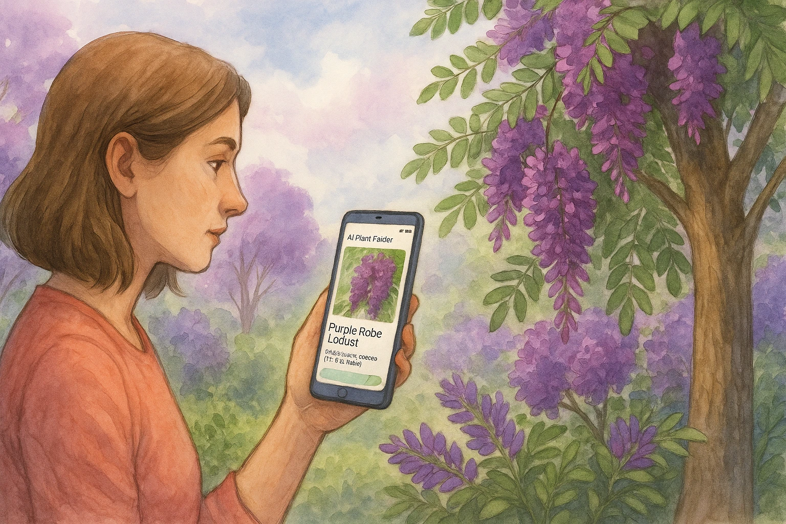 Woman identifies a purple tree via AI Plant Finder.