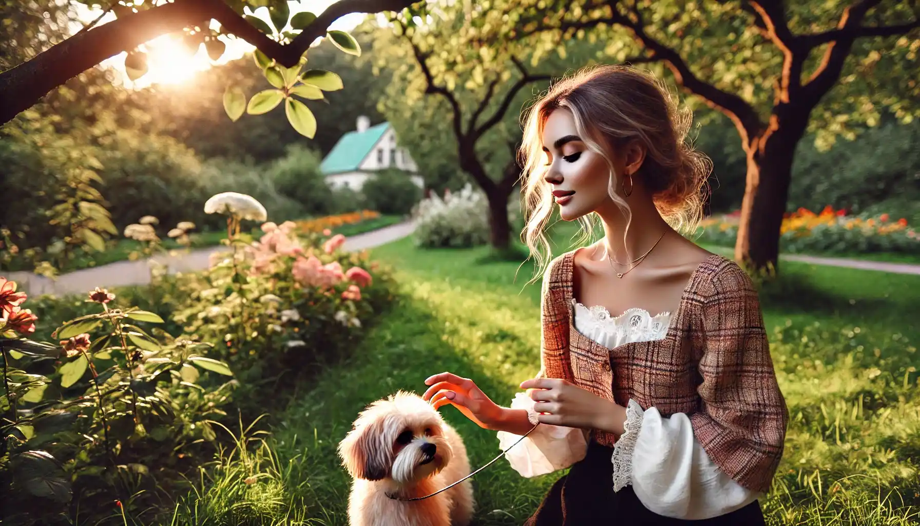 A girl is walking in the park with her pet enjoying a quiet evening without gadgets.