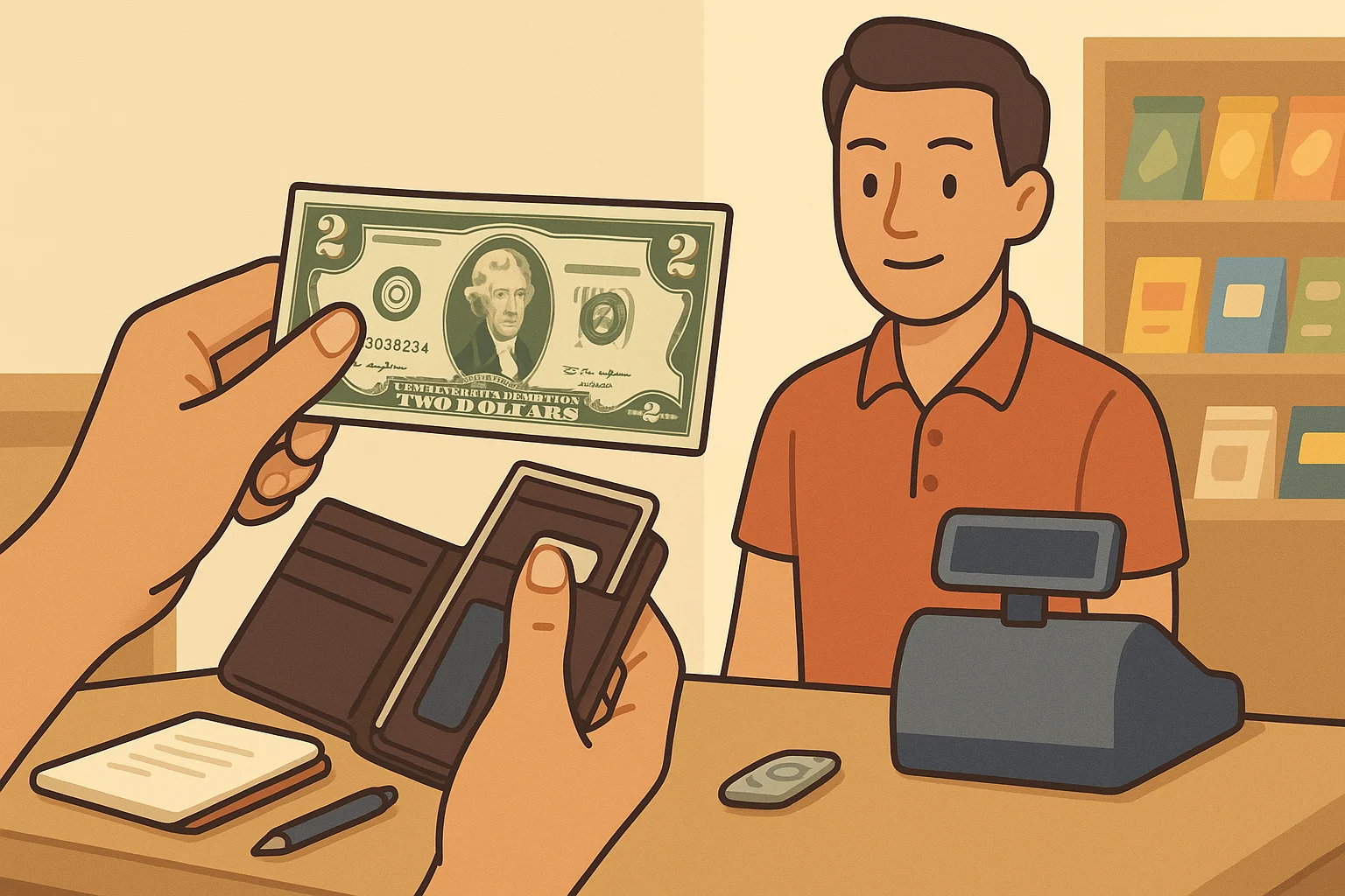 A customer gives a $2 bill to a cashier. 