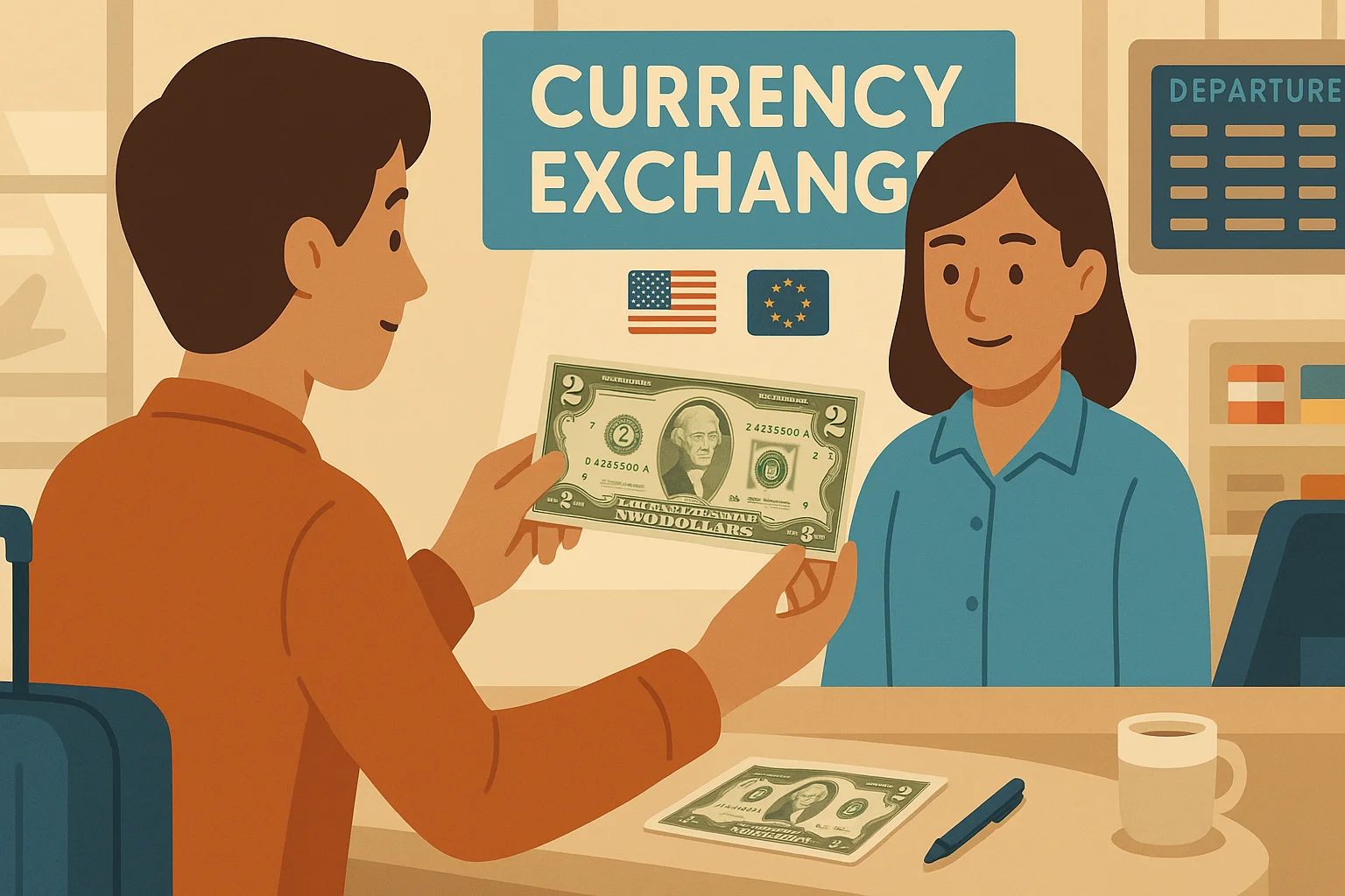 A tourist at a currency exchange point offers a $2 bill to a cashier.