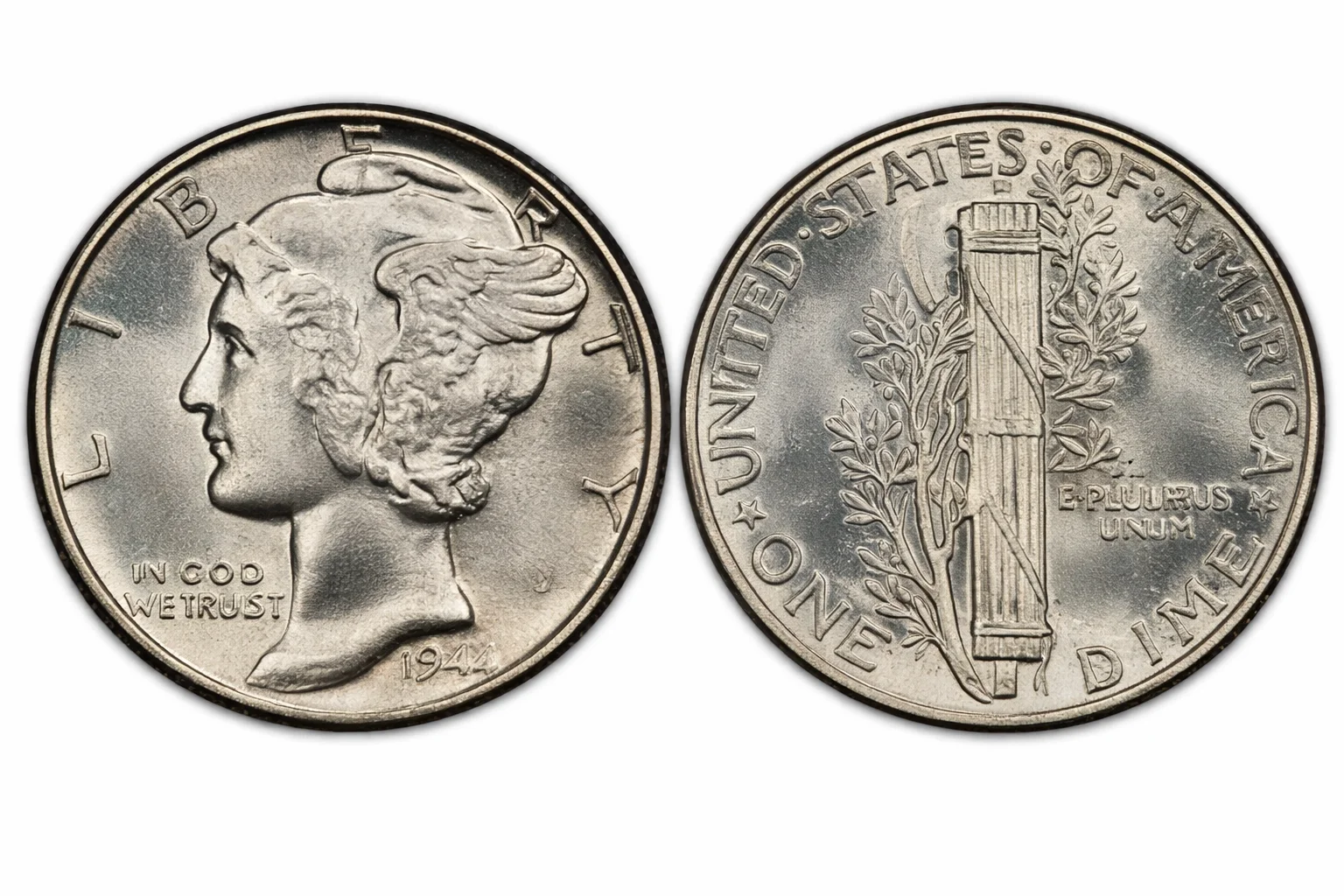 1944 Mercury dime obverse and reverse with silver luster.